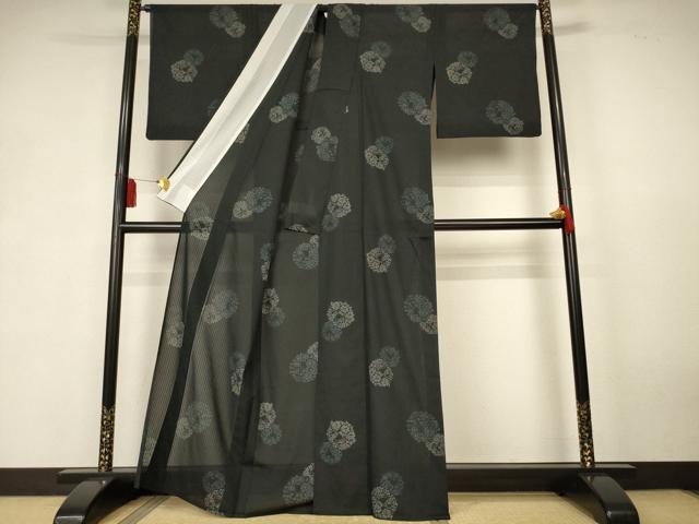 平和屋着物＊夏物　小紋　紗　花丸文　黒地　洗える着物　AABK6562jd