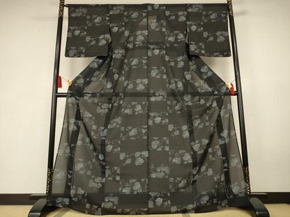 平和屋着物＊夏物　小紋　紗　蔦の葉文　黒地　洗える着物　AABK6564jd