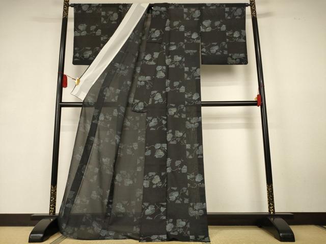 平和屋着物＊夏物　小紋　紗　蔦の葉文　黒地　洗える着物　AABK6564jd