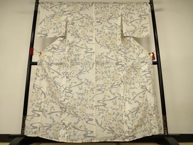 平和屋着物＊夏物　小千谷ちぢみ　流水枝花文　麻　逸品　AABK6585jd