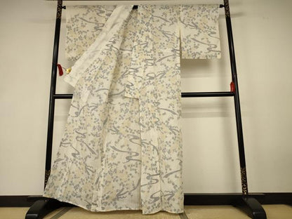 平和屋着物＊夏物　小千谷ちぢみ　流水枝花文　麻　逸品　AABK6585jd