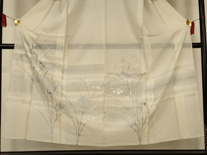 平和屋着物＊夏物　訪問着　絽　草花横段文　銀彩　正絹　逸品　AABK6589jd