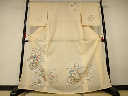 平和屋着物＊夏物　訪問着　絽　駒刺繍　花車文　銀彩　正絹　逸品　AABK6599jd