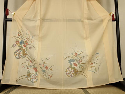 平和屋着物＊夏物　訪問着　絽　駒刺繍　花車文　銀彩　正絹　逸品　AABK6599jd