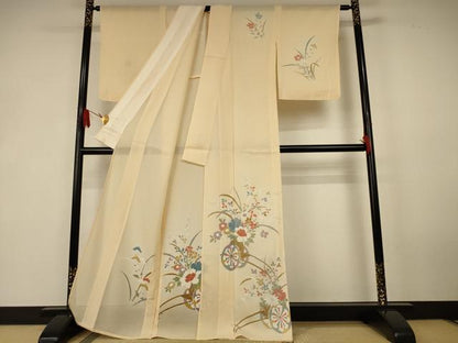 平和屋着物＊夏物　訪問着　絽　駒刺繍　花車文　銀彩　正絹　逸品　AABK6599jd