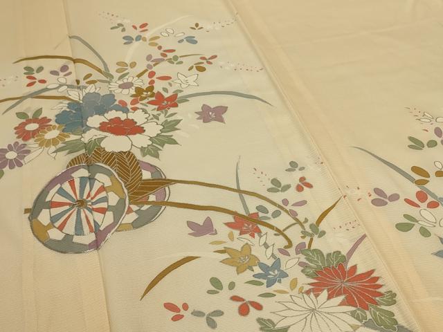平和屋着物＊夏物　訪問着　絽　駒刺繍　花車文　銀彩　正絹　逸品　AABK6599jd