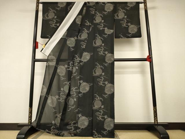 平和屋着物＊夏物　夏塩沢　立波千鳥文　黒地　東レシルック　証紙付き　AABK6603jd