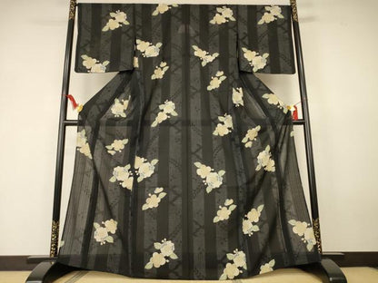 平和屋着物＊夏物　小紋　紗　辻が花　黒地　洗える着物　AABK6606jd