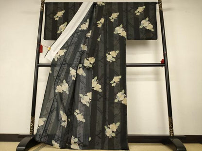 平和屋着物＊夏物　小紋　紗　辻が花　黒地　洗える着物　AABK6606jd