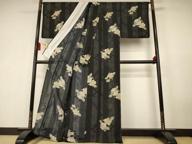 平和屋着物＊夏物　小紋　紗　辻が花　黒地　洗える着物　AABK6606jd