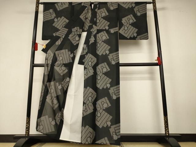 平和屋着物＊夏物　小紋　紗　源氏香　兎　黒地　洗える着物　AABK6607jd