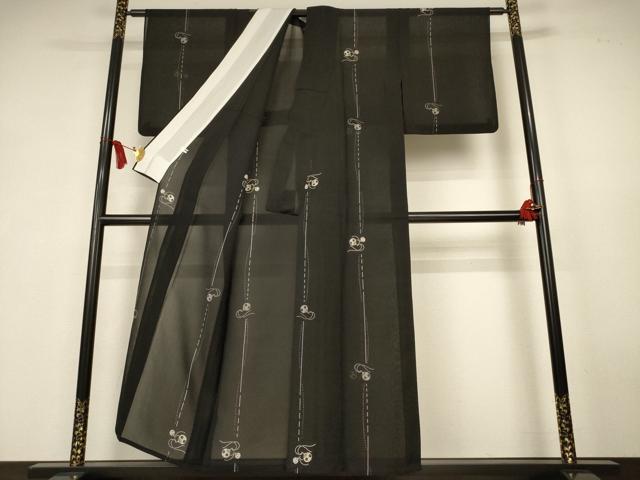 平和屋着物＊夏物　小紋　紗紬　団扇花間道　黒地　正絹　逸品　AABK6619jd