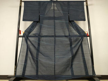平和屋着物＊夏物　紗紬　100亀甲　横縞　正絹　逸品　AABK6635jd