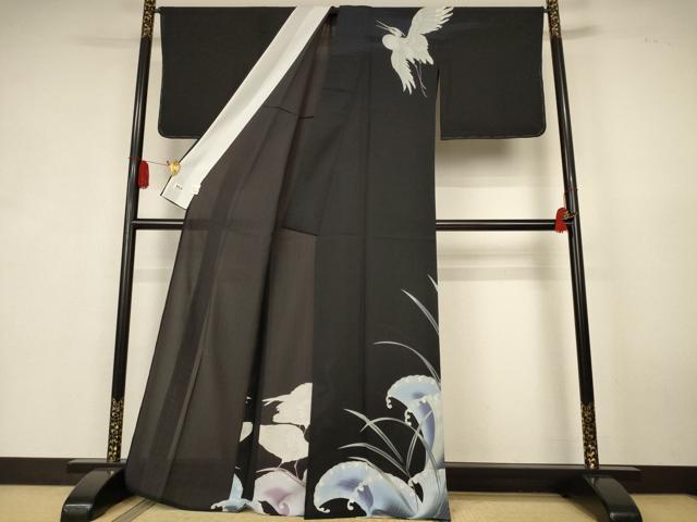 平和屋着物＊夏物　撫松庵　訪問着・浴衣兼用　セオアルファ　花鳥文　黒地　洗える着物　AABK6642jd