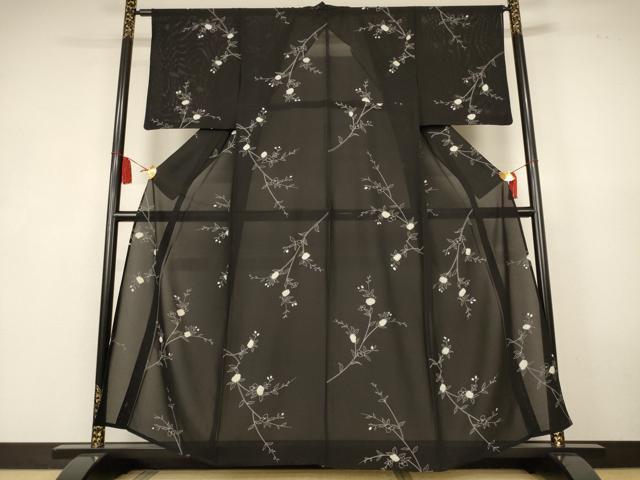 平和屋着物＊夏物　小紋　絽　絞り　草花文　黒地　正絹　逸品　AABK6651jd