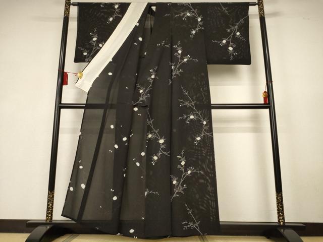平和屋着物＊夏物　小紋　絽　絞り　草花文　黒地　正絹　逸品　AABK6651jd