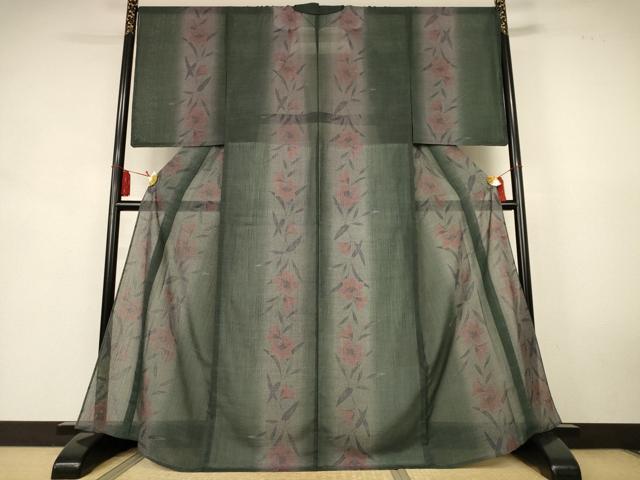平和屋着物＊夏物　小紋　紗　草花間道　洗える着物　未使用　AABK6667jd