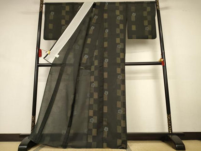 平和屋着物＊夏物　小紋　紗　市松花文　黒地　洗える着物　AABK6670jd