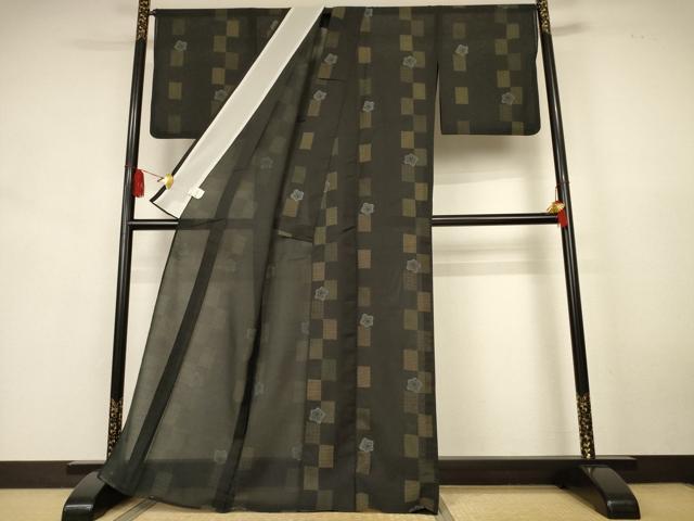 平和屋着物＊夏物　小紋　紗　市松花文　黒地　洗える着物　AABK6670jd