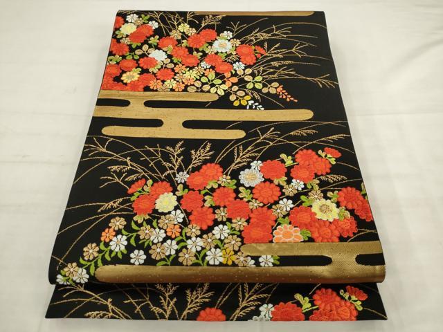 平和屋着物◎六通柄袋帯　唐織　エ霞花文　黒地　金糸　正絹　逸品　AABK6683pf