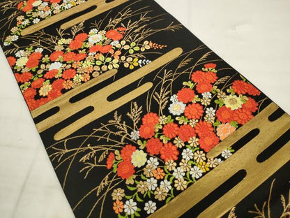 平和屋着物◎六通柄袋帯　唐織　エ霞花文　黒地　金糸　正絹　逸品　AABK6683pf