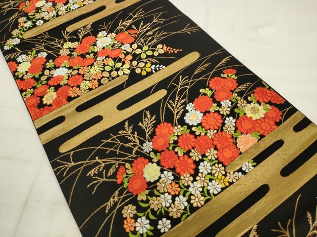 平和屋着物◎六通柄袋帯　唐織　エ霞花文　黒地　金糸　正絹　逸品　AABK6683pf