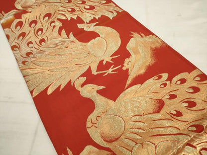 平和屋着物◎六通柄袋帯　孔雀文　金糸　正絹　逸品　AABK6685pf