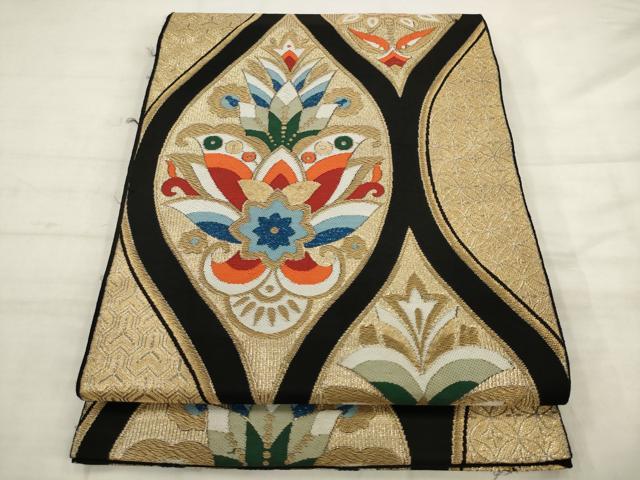 平和屋着物◎六通柄　本袋帯　唐織　立涌更紗花文　黒地　金糸　正絹　逸品　AABK6686pf