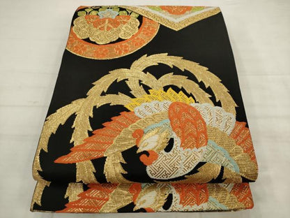 平和屋着物◎六通柄袋帯　鳳凰花文　黒地　金糸　正絹　逸品　AABK6687pf