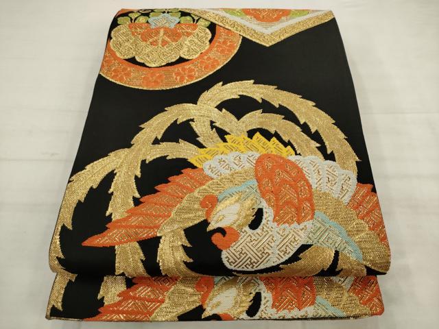 平和屋着物◎六通柄袋帯　鳳凰花文　黒地　金糸　正絹　逸品　AABK6687pf