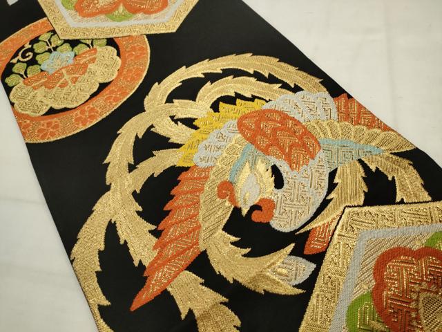平和屋着物◎六通柄袋帯　鳳凰花文　黒地　金糸　正絹　逸品　AABK6687pf