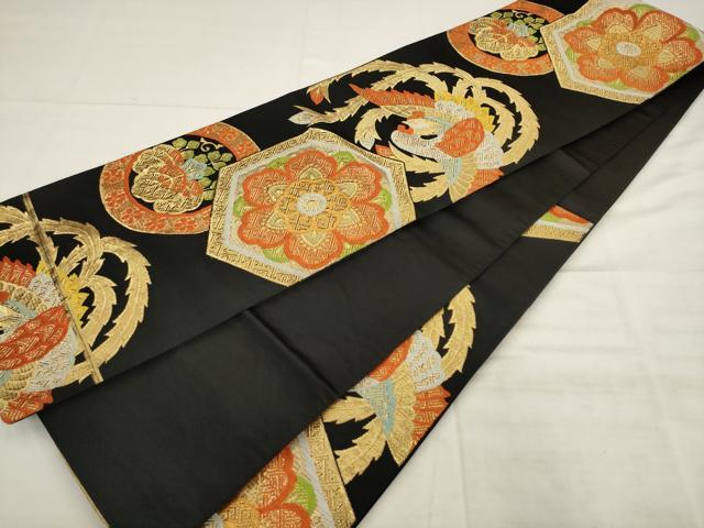 平和屋着物◎六通柄袋帯　鳳凰花文　黒地　金糸　正絹　逸品　AABK6687pf