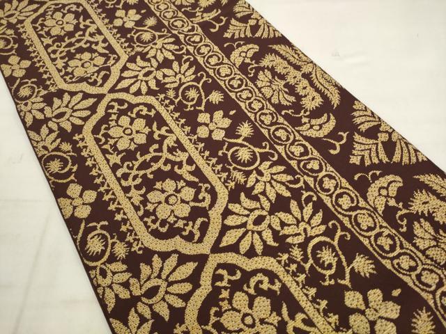 平和屋着物◎六通柄袋帯　草花間道　金糸　正絹　逸品　AABK6690pf