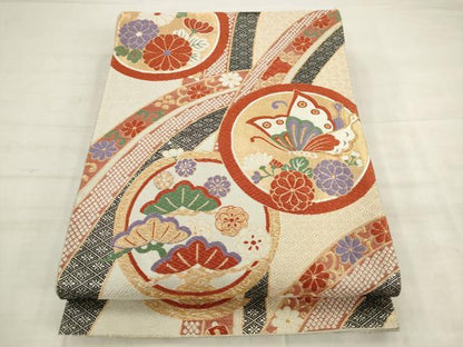 平和屋着物◎六通柄袋帯　唐織　花蝶丸文　金糸　正絹　逸品　AABK6701pf