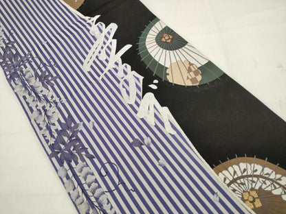 平和屋着物●美空ひばり　六通柄袋帯　番傘　黒地　金銀糸　正絹　逸品　AABK6721pf