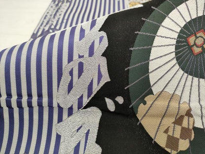 平和屋着物●美空ひばり　六通柄袋帯　番傘　黒地　金銀糸　正絹　逸品　AABK6721pf