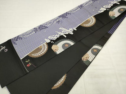 平和屋着物●美空ひばり　六通柄袋帯　番傘　黒地　金銀糸　正絹　逸品　AABK6721pf
