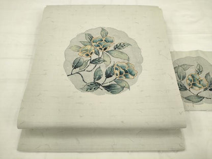 平和屋着物●九寸名古屋帯　髭紬　手描き　草花文　金彩　正絹　逸品　AABK6726pf