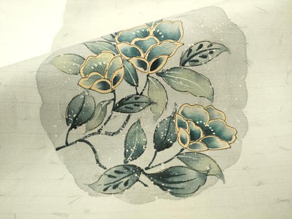 平和屋着物●九寸名古屋帯　髭紬　手描き　草花文　金彩　正絹　逸品　AABK6726pf