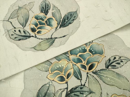 平和屋着物●九寸名古屋帯　髭紬　手描き　草花文　金彩　正絹　逸品　AABK6726pf