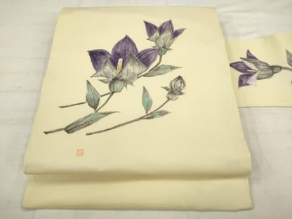 平和屋着物●塩瀬　九寸名古屋帯　作家物　手描き　草花文　金銀彩　正絹　逸品　AABK6727pf