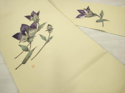 平和屋着物●塩瀬　九寸名古屋帯　作家物　手描き　草花文　金銀彩　正絹　逸品　AABK6727pf