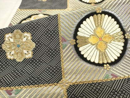 平和屋着物●西陣　京の名門　じゅらく謹製　黄金繭　六通柄袋帯　格子花文　金糸　正絹　逸品　AABK6738pf