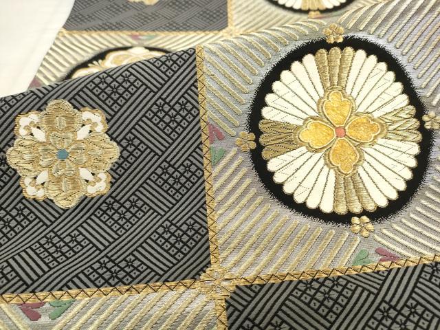 平和屋着物●西陣　京の名門　じゅらく謹製　黄金繭　六通柄袋帯　格子花文　金糸　正絹　逸品　AABK6738pf
