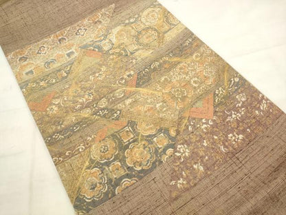 平和屋着物●名門　しょうざん　生紬　紙屋川伝承　絹漉貴　太鼓柄袋帯　裂取り花文　金糸　正絹　逸品　AABK6744pf