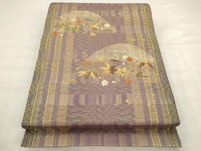 平和屋着物●ひなや工房　くむ・あむ・おる　伊豆蔵明彦　太鼓柄袋帯　総刺繍　草花文　金糸　正絹　逸品　AABK6751pf