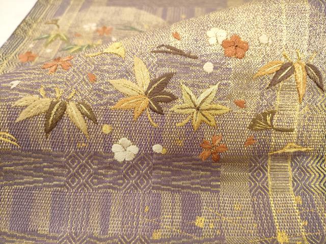 平和屋着物●ひなや工房　くむ・あむ・おる　伊豆蔵明彦　太鼓柄袋帯　総刺繍　草花文　金糸　正絹　逸品　AABK6751pf