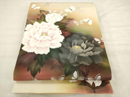平和屋着物●六通柄袋帯　花蝶文　銀彩　正絹　逸品　AABK6754pf