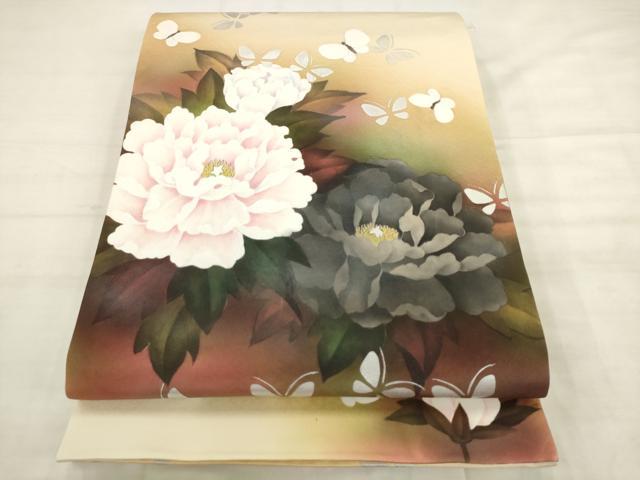 平和屋着物●六通柄袋帯　花蝶文　銀彩　正絹　逸品　AABK6754pf