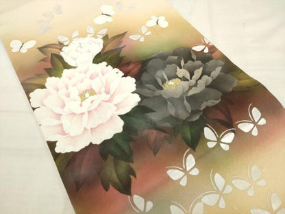 平和屋着物●六通柄袋帯　花蝶文　銀彩　正絹　逸品　AABK6754pf